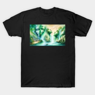 Faces as rocks and mountains, harbor and city at the waterfall and lake T-Shirt